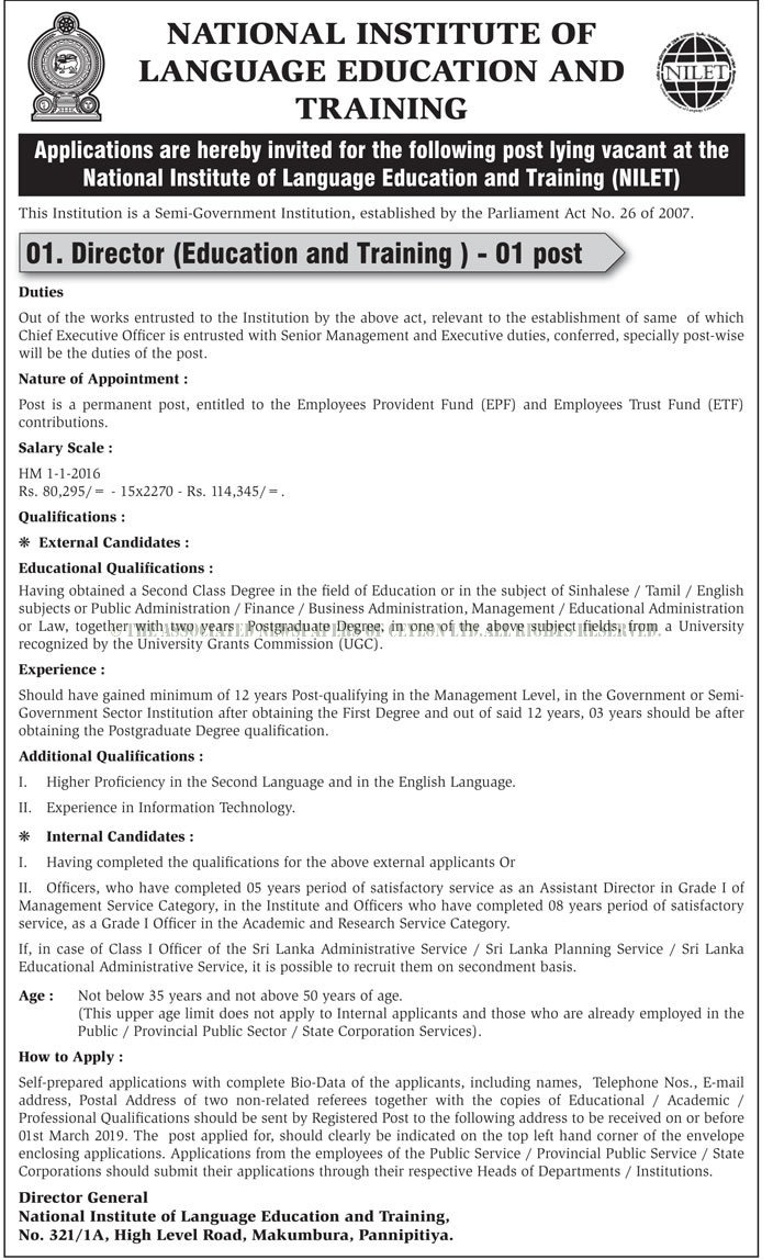 Director (Education & Training) - National Institute of Language Education & Training